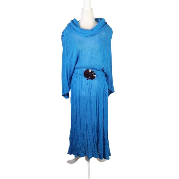 Vintage 80s Sybil Blue Knit Slouchy Maxi Sweater Dress M - Picture 1 of 5